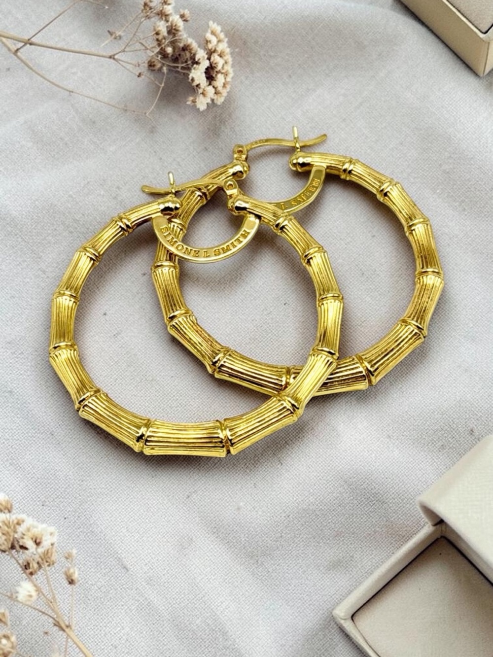 Simone L Smith Large Bamboo Hoop Earrings in 18K Gold Over Sterling 40mm/1.5”